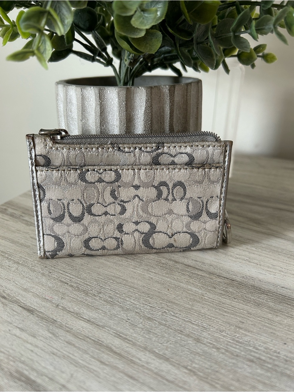 Coach Silver Signature Jacquard Card & Key Holder